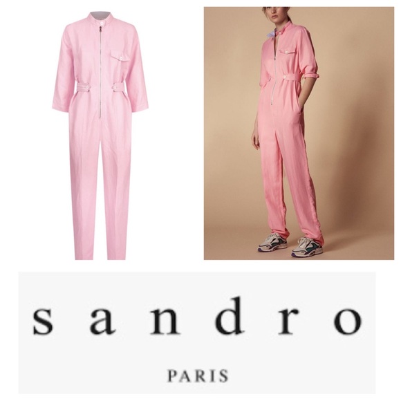 Sandro Eladia Linen Blend NWT Jumpsuit In Rose Clair Pink - Picture 1 of 7